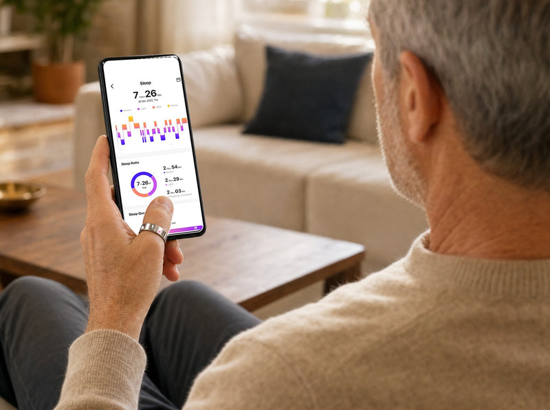 Schlaf-Übersicht in der Nuvyra App auf dem Sofa