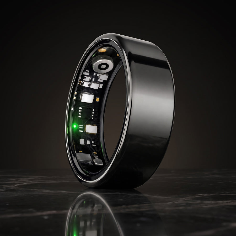 Nuvyra Smart Ring in Schwarz auf dunklem Marmor