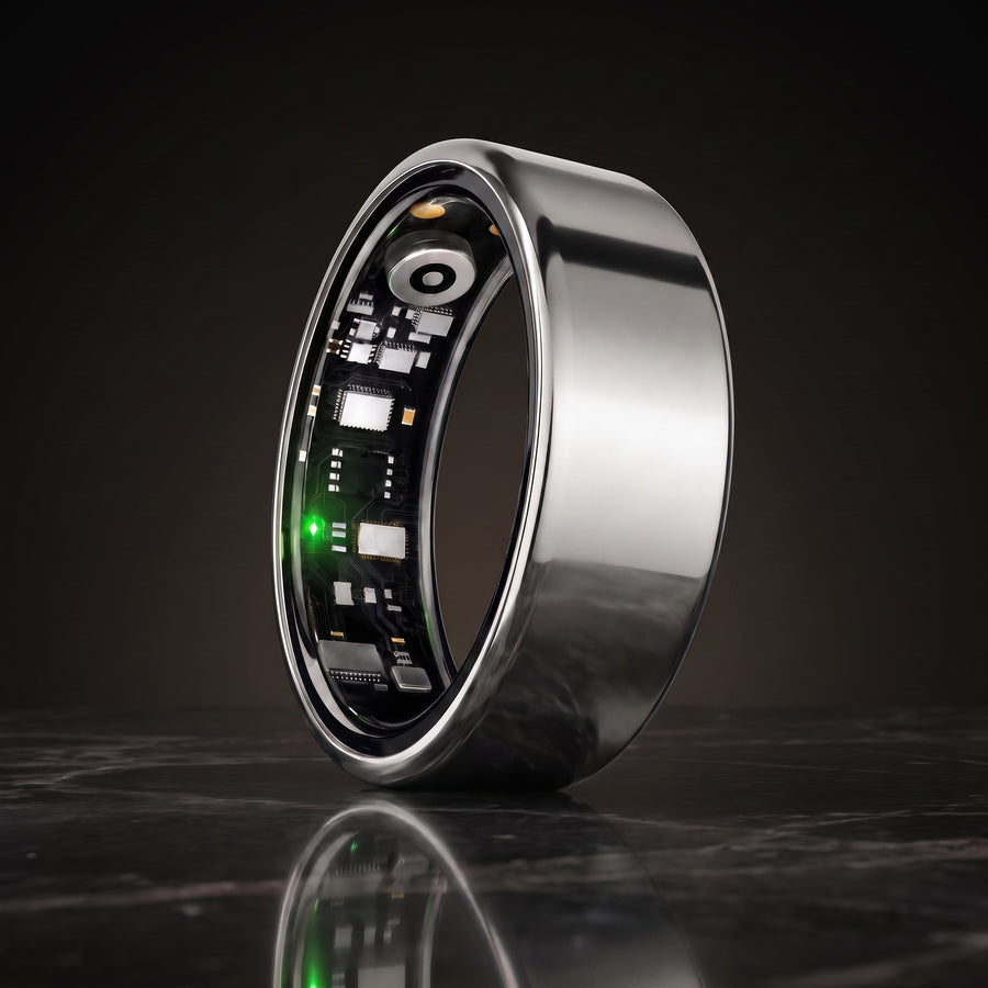 Nuvyra Smart Ring in Silber auf dunklem Marmor